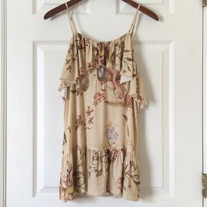 Chaser Heirloom Woven Floral Vented Ruffle Peplum Hem Camisole Tank Top Beige M